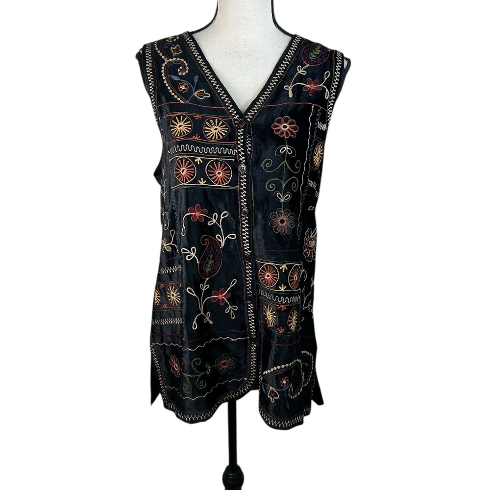 Vintage Embroidered Velvet Black Longline Vest Top Boho Hippie Cottage Layer